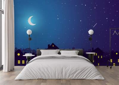 Vintage town at night. Bright moon and shooting star. Wall mural