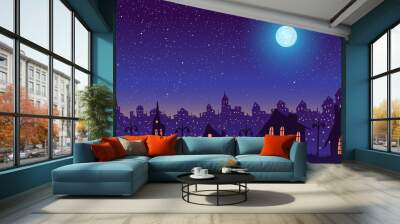 Vintage town at night. Bright moon and shooting star. Wall mural