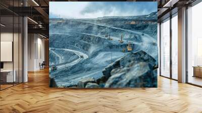 Work of trucks and the excavator in an open pit Wall mural