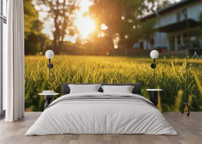 A beautifully trimmed yard with green grass in front of a modern home. Close-up of a green lawn at sunset. Wall mural