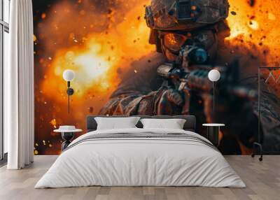 A fighter shoots in battle. Hostilities. A modern soldier in a helmet and special ammunition shoots from a rifle against the background of smoke from a fire and explosions. Background for design. Wall mural