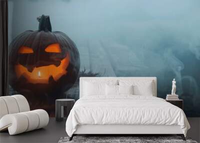 a scary halloween pumpkin with an evil face and eyes on a wooden dock against the backdrop of fog, s Wall mural