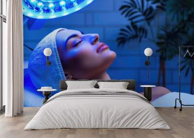 Blue LED treatment. Woman doing facial skin therapy in spa salon. Wall mural