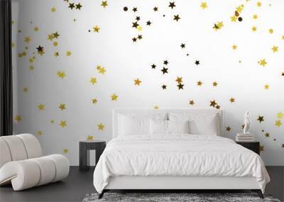 Bunch of gold stars on white background. Festive concept. Wall mural