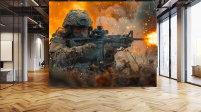 Counter-terrorism operation. A special forces soldier shoots in combat, a soldier in a helmet shoots from a rifle against a background of smoke, fire and explosions. Wall mural