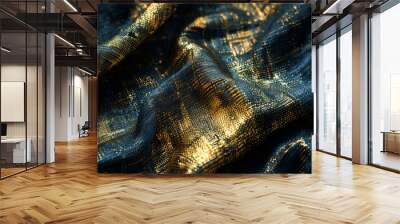 Gold and blue luxury shiny fabric wave texture for background. Abstract golden background with highlights, blurs, and glow for design. Wall mural