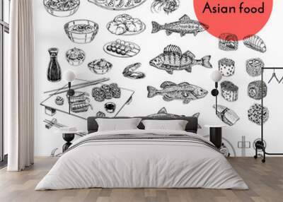 illustration set of asian food. vector sketch with hands drawn traditional japanese food sushi Wall mural