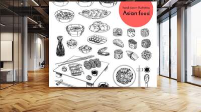 illustration set of asian food. vector sketch with hands drawn traditional japanese food sushi Wall mural