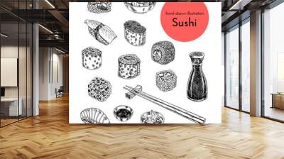 illustration set of asian food. vector sketch with hands drawn traditional japanese food sushi Wall mural