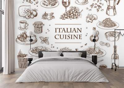 Italian Cuisine vector illustration. Set of traditional italian dishes. Food menu design template. Vintage hand drawn sketch. Engraved image Wall mural