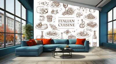 Italian Cuisine vector illustration. Set of traditional italian dishes. Food menu design template. Vintage hand drawn sketch. Engraved image Wall mural