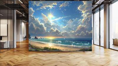 Landscape of a wild paradise beach in a drawn style. Paradise beach with sandy beach on beautiful waves, mountains, tropical plants, blue sky, clouds and stunning sunset. Wall mural