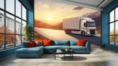 Overtaking trucks on an asphalt road in a rural landscape at sunset Wall mural