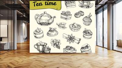 set of illustrations with tea and a variety of pastries and desserts with cream, fruit and berries.  Wall mural