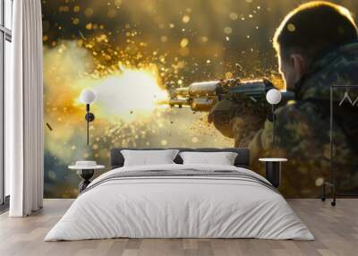 Special forces fire in battle. Shoot to kill. A modern soldier fires a machine gun against the background of smoke from a fire and explosions. Background for design. Wall mural