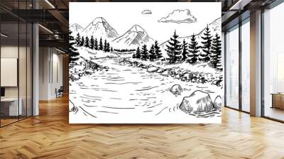 Vector illustration of nature in the mountains. tourism. tent in nature. landscape with mountains, river and forest. Illustration of tourism and recreation in the wild. hand drawn sketch Wall mural