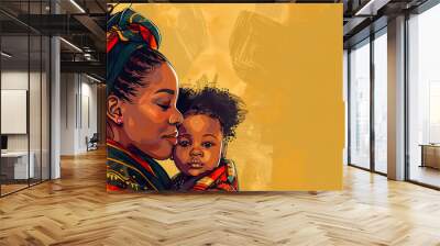 An African-American mother with a baby in her arms. A place for the text. The concept of the day of the abolition of slavery in America, June 19, freedom, heritage and culture. Wall mural