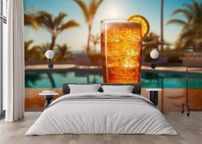 Elevate your poolside experience with a tropical beerhouse cocktail, the ideal companion for unwinding and enjoying the scenic view of the sky. Ai generated Wall mural