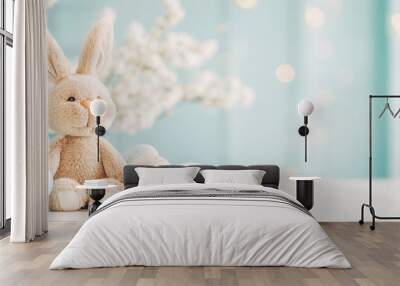 Soft toy bunny with pastel easter eggs and spring flowers – perfect for easter celebrations Wall mural