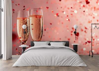 Sparkling glasses of champagne sit amid a festive scene of confetti, setting the mood for a lively celebration on a plain background, capturing the essence of joyous parties and special moments Wall mural