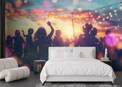 Sunset Beach Party Vibes with Friends and Colorful Bokeh Lights Wall mural