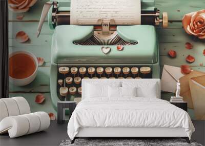 Vintage Mint Green Typewriter with Love Letter on Pastel Background Wall mural