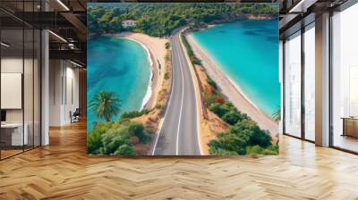 A picturesque highway runs alongside a stunning sea coast, flanked by vibrant palm trees and crystal-clear turquoise waters. Wall mural