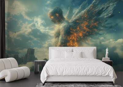 Abstract illustration of an angel with wings fire and smoke in the sky Wall mural