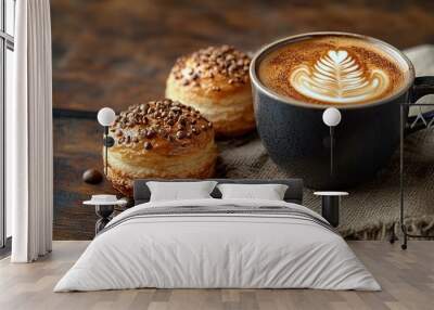 Artisan coffee and pastries on a cozy cafe table, Coffee Break with blurred background Wall mural