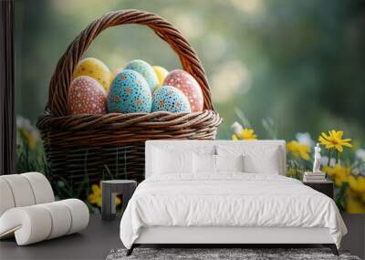 basket with colorful Easter eggs on the green lawn Spring holiday celebration Wall mural