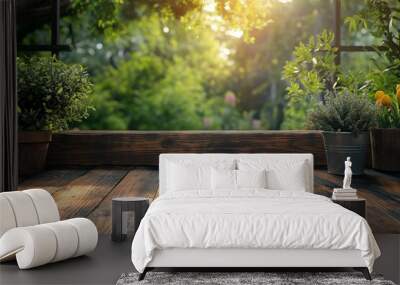 Close-up of a weathered wooden table mockup for product display against a lush garden backdrop Wall mural