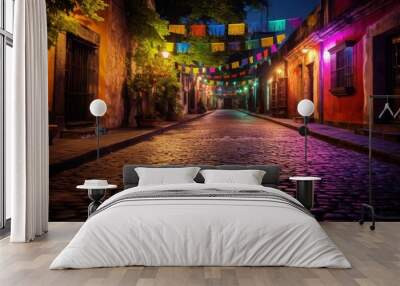 Colorful mexican lanterns lighting up cobblestone street during festive celebration Wall mural