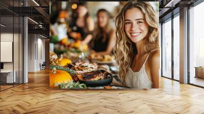 Friends and family gathering for festive Thanksgiving dinner, Thanksgiving Celebration with blurred background Wall mural