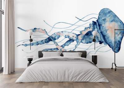 Jellyfish watercolor illustration. Painted medusa isolated on white background, underwater wildlife. Wall mural