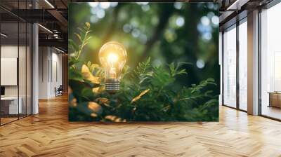 light bulb against nature on green leaf Wall mural