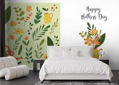 Mother day card design with illustration of spring flowers bouquet and green leaves Wall mural