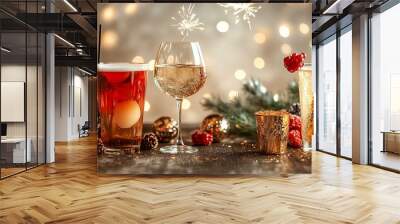 New Year Eve celebration beautifully decorated table, sparkling fireworks blurred background festive drinks Wall mural