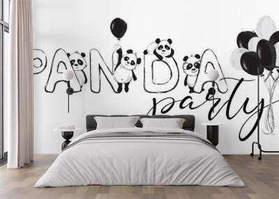 Panda bears banner with cute animals, inscription Panda party and balloons Wall mural