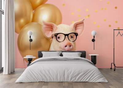 pig bear with glasses and balloons Celebrating birthday Wall mural