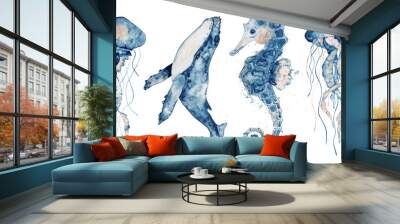 Set of sea animals. Blue watercolor ocean fish, Medusa, whale, seahorse Wall mural