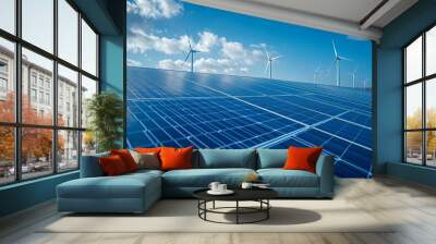 Solar panels and wind turbines harnessing renewable energy under a clear blue sky Wall mural