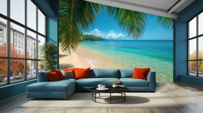 tropical beach with turquoise water, white sand, lush greenery and palm trees under a sunny blue sky. Wall mural