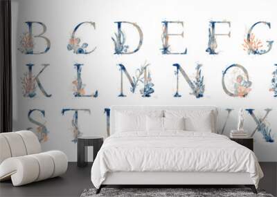 Watercolor blue marine english alphabet set with floral elements from A to Z hand drawn  Wall mural