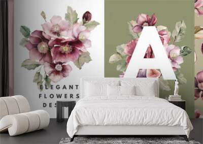 Watercolor cards design templates with flowers and figs fruits Wall mural