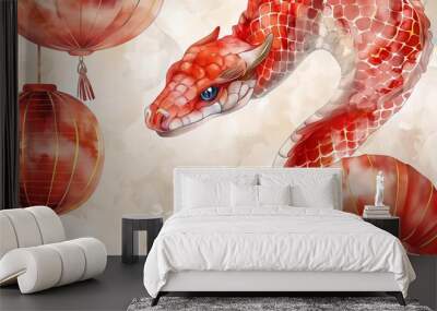 Watercolor red dragon zodiac symbol celebrating the Lunar Chinese New Year illustration Wall mural