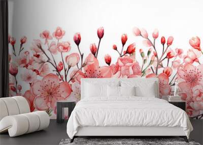 Watercolor seamless border with pink wild flowers for Valentines day romantic illustration Wall mural