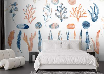 Watercolor set of isolated objects drawing blue and pink algae and corals Wall mural