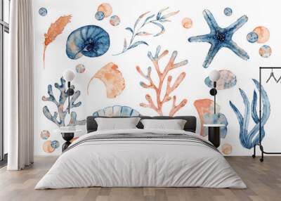 Watercolor set of isolated objects drawing blue and pink algae and corals Wall mural