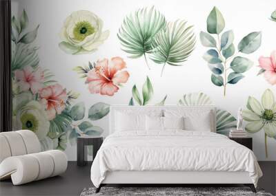 Watercolor tropical bouquet with flowers and green palm leaves isolated illustration Wall mural