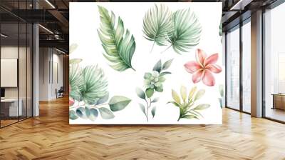 Watercolor tropical bouquet with flowers and green palm leaves isolated illustration Wall mural